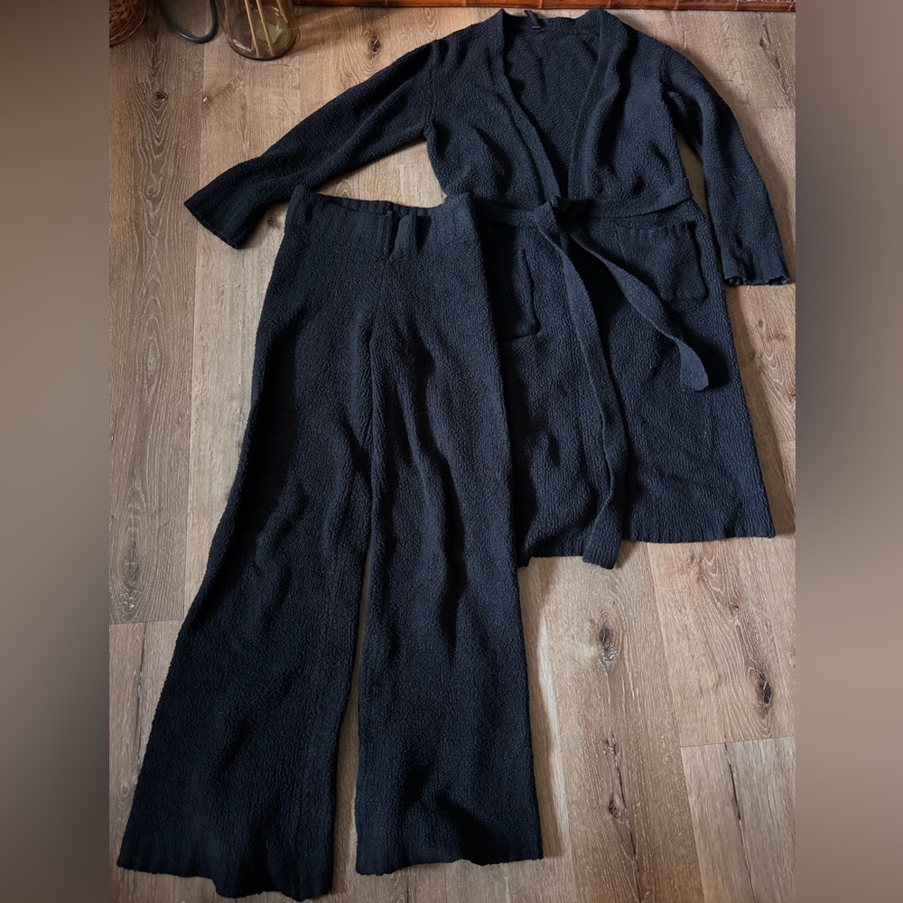Skims Black‎ Cozy Knit Robe & Fleece Wide Leg Set Size S/M